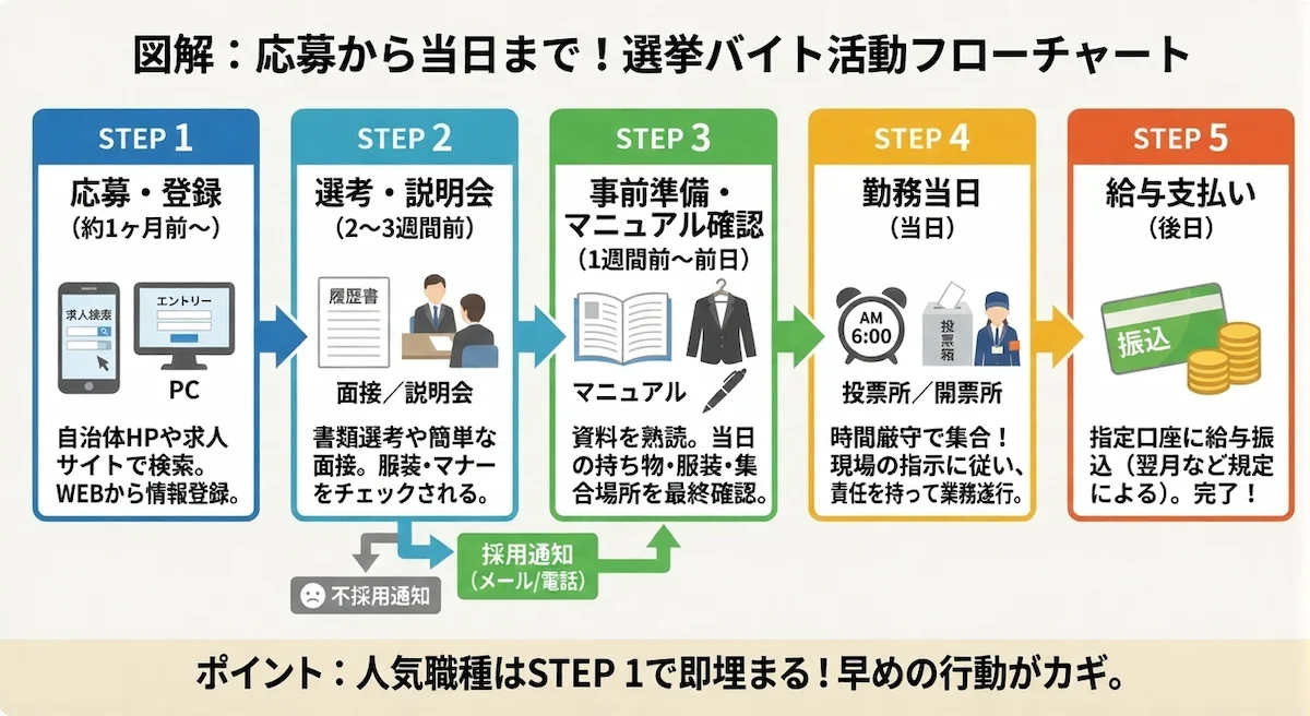 応募から当日までの選挙バイト活動フローチャート